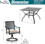 PHI VILLA 5 Pieces Outdoor Dining Set for 4, 37" Square Metal Wrought Iron Table with Umbrella Hole & Swivel Steel Chairs with Cushions, Modern Furniture Set for Patio, Deck, Porch, Yard