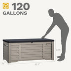 DWVO 120 Gallon Outdoor Storage Box, Large Resin Deck Box with Louver Design, Lockable Patio Storage Bin for Indoor and Outdoor Use, Pillows, Tools, and Pool Supplies -Black & Brown