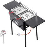 VEVOR Outdoor Propane Deep Fryer, Dual-Tank 8QTx2 Commercial Fryer, Stainless Steel Cooker with Foldable Platform, Dual Basket, and Heat Adjustment, Floor Standing Fryers for Restaurant Home Snack Bar