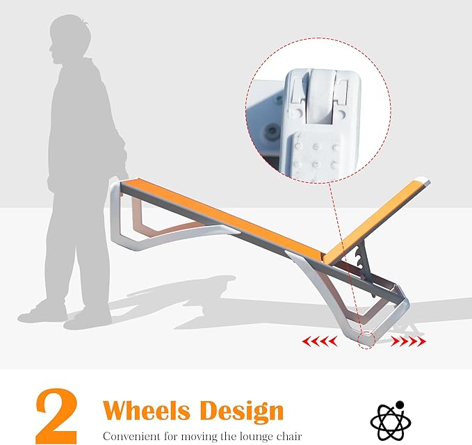 Domi Outdoor Lounge Chair, Aluminum Patio Chaise Lounge with 5 Position Adjustable Backrest and Wheels, All Weather Reclining Chair with Side Table for Patio, Yard,Balcony,Poolside (Orange)