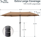 PHI VILLA 13ft Large Patio Umbrellas, Double-Sided Outdoor Market Rectangle Umbrella for Outside, Maillard Brown