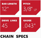 KAKEI Dewalt Chainsaw Chain 12 Inch 3/8" LP Pitch .043" Gauge 45 Drive Links Fits Dewalt 20V DCCS620, Milwaukee M18 FUEL, Kobalt 1224, WG350/ 380, LCS1240 - DWO1DT612, R45 (3 Chains) - Semi Chisel