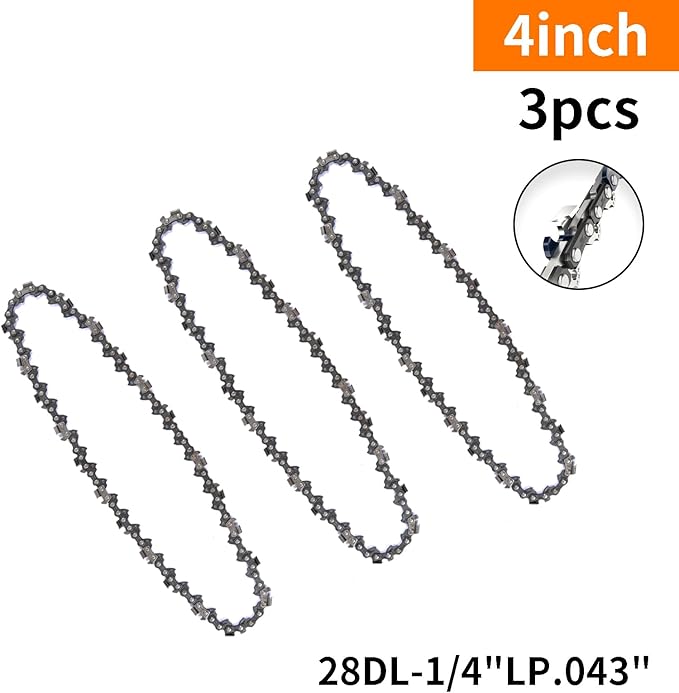 3Pcs 4 Inch Mini Chainsaw Chain, 1/4" LP Pitch .043" Gauge 28 Drive Links, Replacement Chains for Portable Mini Chainsaw, Guide Saw Chain for Chainsaws (4"-28DL-1/4"LP .043"-3pcs)