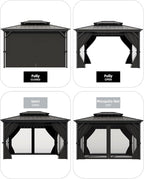 GAOMON Hardtop Gazebo 10'x12' for All Weather, with Double Metal Roof, Aluminum Alloy Frame, Net, and Curtain, Permanent Building of Backyard Luxury for Patio, Deck, Backyard, Lawn, and Garden, Gray