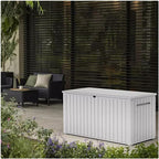 Stylish Indoor/Outdoor Storage Deck Box,Resin,Large Capacity, Weather-Resistant, Lockable lid and Side handles. (White, 170 Gallon)