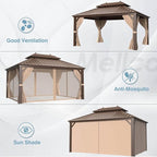 MELLCOM 10'x13' Hardtop Gazebo, Galvanized Steel Double Roof Metal Canopy with Aluminum Frame, Brown Permanent Patio Gazebos with Curtains and Netting for Patios, Gardens, Lawns