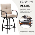 Patio Swivel Bar Stools, Outdoor High Back Swivel Bar Chair Set of 6 with Cushion & All Weather Steel Frame for Backyard, Lawn, Poolside and Balcony, Beige