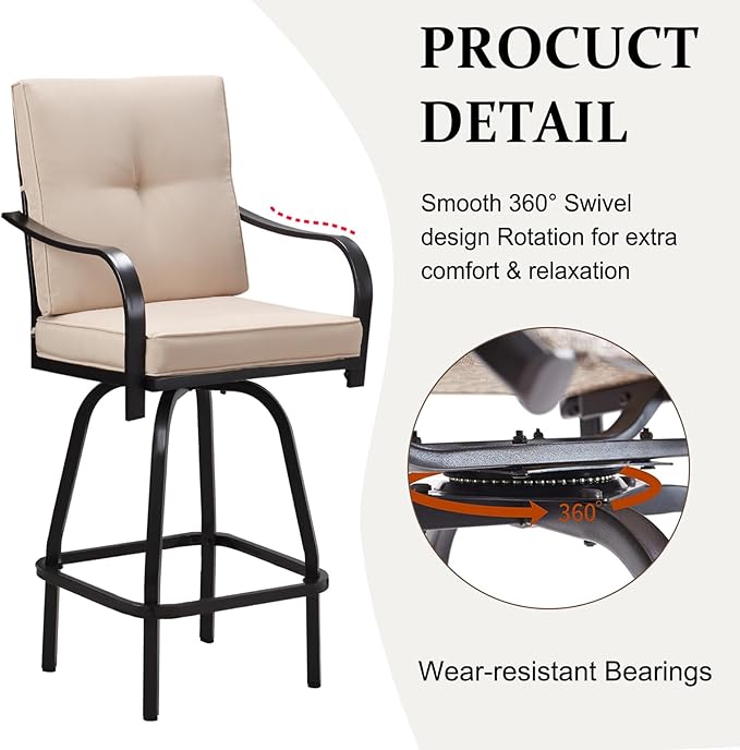 Patio Swivel Bar Stools, Outdoor High Back Swivel Bar Chair Set of 6 with Cushion & All Weather Steel Frame for Backyard, Lawn, Poolside and Balcony, Beige