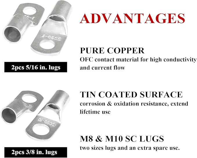 2 Gauge Battery Welding Cable (Black, 5 Feet) - 2 AWG Copper Clad Aluminum Power Wire with M8 & M10 Copper Cable Lug Ends for Auto, Camper, RV, Truck, Solar Low Voltage Wiring