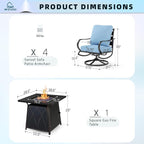 MFSTUDIO 5 Pieces Patio Conversation Sets, Outdoor Metal Furniture Sofas with 1 x 28 50,000 BTU Square Propane Fire Table and 4 x Wrought Iron Frame Swivel Chairs with Blue Cushion
