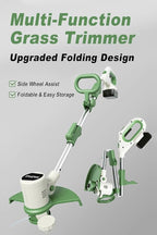 Cordless String Trimmer, Foldable Design with Adjustable Handle Trimmer Lawn, Weed Wacker with 2 x Batteries, Safe Reliable Edger Lawn Tool, Electric Weed Eater, White Green
