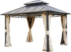 YOLENY 10' x 12' Gazebo with Galvanized Steel Roof, Double Roof with Anti-Rust Coating, Outdoor Gazebos with Curtains and Netting, Sunshade for Gardens, Lawns, Deck