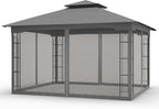 COOS BAY 10x12 Outdoor Patio Gazebo with Netting, Two-Tier Soft Top Canopy for Backyard, Lawn, Deck and Garden, Gray