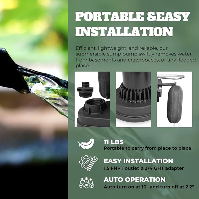 1/2 HP Submersible Sump Pump with Vertical Float Switch, Portable Utility Pump With 10ft Power Cord, Sub Water Pump for Draining Flooded Basement, Hot Tub, Pool, Pond, Sump Pits