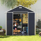 8x8 FT Resin Outdoor Storage Shed with Floor and Window, Outside Waterproof Plastic Garden Sheds w/Lockable Door & Vents, All-Weather Tool House for Patio, Backyard, Lawn, Dark Gray
