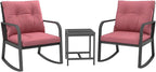 Bistro 3 Piece Patio Furniture Set, Patio Table and Rattan Outdoor Rocking Chairs Set of 2, Outdoor Bistro Conversation Set for Garden, Balcony, Poolside, Backyard, Red