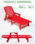 Chaise Lounge Chair Outdoor with Wheels, 6-Position Adjustable HDPE Chaise Lounge Chair with Cup Holder, Outdoor Chair for Pool Poolside Deck Backyard Patio, Red
