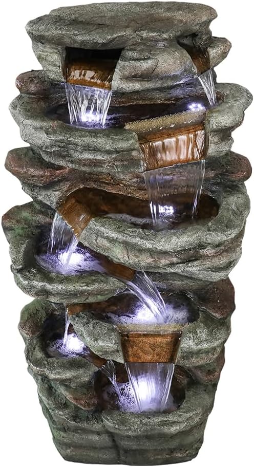 48''H 7-Tier Outdoor Garden Water Fountain Decor, Outdoor Resin Fountain with LED Light for Garden, Floor Patio, Deck, Porch, Backyard and Home Art Decor (48inch)