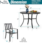 PHI VILLA 5 Piece Outdoor Dining Table Set for 4, 42” Round Steel Dining Table with Umbrella Hole & 4 Black Stacking Metal Chairs for Patio, Deck, Yard, Porch