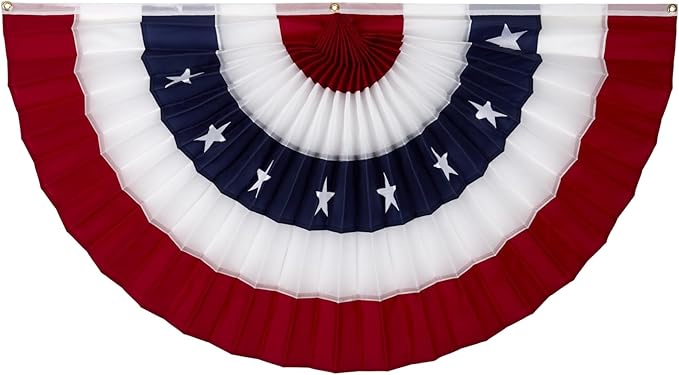 American Pleated Fan Flag Bunting. 100% Made in USA by Old Glory Bunting. 1.5 x 3 ft Stars & Sewn Stripes USA Indoor/Outdoor Cotton Bunting Banner. Perfect for July 4th and America 250 events.
