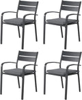 Soleil Jardin Outdoor Aluminum 4-Piece Patio Dining Chairs with Cushions, Stackable Bistro Chairs for Balcony, Garden, Backyard, Dark Grey Finish & Grey Cushion
