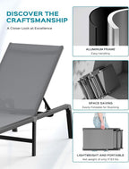 Aluminum Chaise Lounge Ourdoor - Foldable & Assemble Free Outdoor Lounge Chair with 5 Adjustable Backrest, Patio Lounge Chair for Outside Poolside Beach Pool, Grey