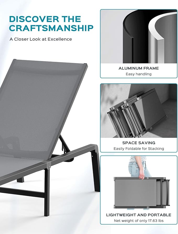 Patio Chaise Lounge Chair, Foldable Lounge Chair for Outside, Aluminum Chairs Set of 2 with 5 Adjustable Backrest, Outdoor Pool Lounger for Poolside, Lawn, Deck, Grey