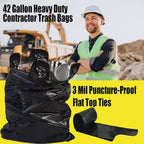 Contractor Heavy Duty Trash Bags 42 Gallon | 52 Count | 3 MIL | 32.8" X 46" | Large Black Flap Tie Construction Garbage Bags for Business Home Commercial, Industrial, Storage, Outdoor