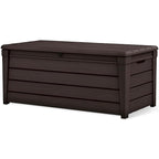 Keter Brightwood 120 Gallon Resin Large Deck Box for Patio Garden Furniture, Outdoor Cushion Storage, Pool Accessories, and Toys, Brown, 57L x 27.5W x 23.7H in.