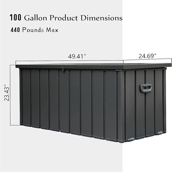 LANTRO JS 100 Gallon Metal Deck Box, Outdoor Storage Box Waterproof with Wheels, Lockable Storage Container for Patio Furniture Cushions Garden Tools, Dark Gray