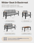 Aluminum Outdoor Patio Furniture Set with Coffee Table, 5 Piece Patio Conversation Sets, Outdoor Sectional Furniture for Porch, Balcony, Yard, Gray