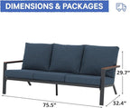 Soleil Jardin Aluminum Patio Furniture 3-Seater Couch, Outdoor 3 Seats Sofa with FSC Certified Solid Wood Top, Outdoor Conversation Set 3 Seater Deep Seating w/Removable Cushion, Denim Blue