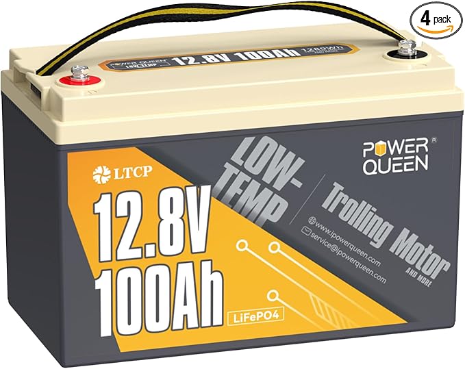 Power Queen 12V 100Ah LiFePO4 Battery Low-temp Protection Group 31, Deep Cycle Lithium Battery with 100A BMS, 1280Wh Energy, Up to 15000 Cycles for Trolling Motor Marine RV Solar (12V 100Ah, 4)