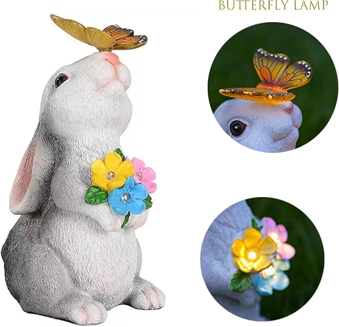 Solar Rabbit Outdoor Statues Garden Decor with Butterfly LED Lights Bunny Statue Decor for Patio Balcony Yard Lawn Ornament, Birthday Gardening Gifts for Mom Grandma Women