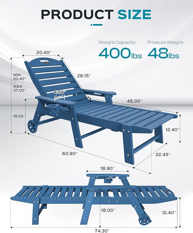 Outdoor Chaise Lounge Chair Set of 2, Patio Lounge Chairs for Outside, HDPE Lounge Chair with Wheels & Cup Holder, Poly Chair with 5 Position for Poolside, Deck, Navy Blue