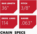 KAKEI 36 Inch Chainsaw Ripping Chain 3/8" Pitch .063" Gauge 114 Drive Links Fits Husqvarna, Stihl Models (1 chain) - Semi Chisel