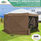 COBIZI 15x15ft Extra Large Pop-Up Gazebo Canopy Tent with Mosquito Netting, Spacious Easy Set-Up Screened Shelter, Durable Outdoor Pavilion with Ground Stakes, Perfect for Patio, Backyard, Brown