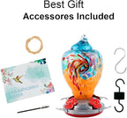 WOSIBO Hummingbird Feeder for Outdoors Patio Large 32 Ounces Colorful Hand Blown Glass Hummingbird Feeder with Ant Moat Hanging Hook, Rope, Brush and Service Card (Blue-Orange)