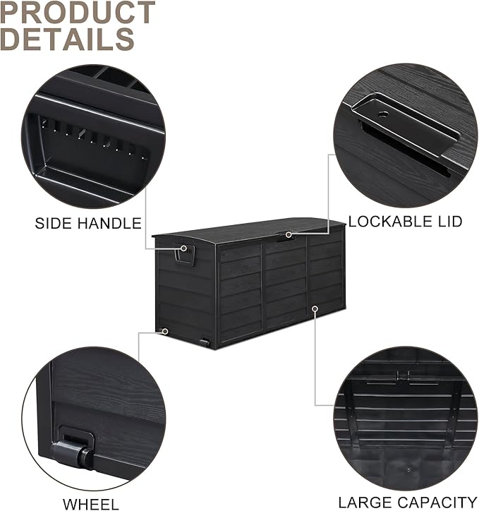 75 Gallon Resin Deck Box, Waterproof Outdoor Storage Box with Wheels, Lockable Lid and Handles, Large Deck Storage for Outdoor Gear, Patio Furniture Cushion, Gardening Tools, Jet Black