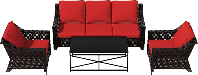 Vista Vibe 4 Pieces Outdoor Patio Conversation Furniture Set - 78" 3-seat Sofa | 2 Chairs | Metal Coffee Table, Deep Seat Loveseat, Removable Cushions, PE Rattan Couch, Lawn (Brown/Red)