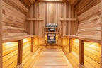 Fully Customize Barrel Sauna 4-8 Person, Hybrid Heating Option, Canadian Red Cedar, Glass Window Option, Scenic Porch, Wood Burning Stove,Harvia Heaters, Infrared Sauna,Red Light Therapy Device