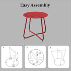Patio Side Table Waterproof Round Metal Steel Weather Resistant Portable Outdoor and Indoor End Table for Garden Balcony Yard, Dark Red