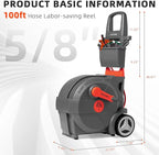 Hand-Crank Garden Hose Reel 5/8" x 100ft, Heavy Duty Garden Water Hose Reel, Removable, Any Length Lock, Hand Crank Effortless Rewind System, 4-Pattern Nozzle