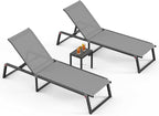 Aluminum Patio Chaise Lounge Set of 2 with 1 Side Table, Foldable Outdoor Pool Lounge Chairs 5-Position Recliner for Outside Poolside, Fully grounded legs Sun Lounger for Beach, Yard, Dark Gray