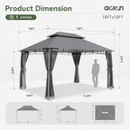 AOXUN Outdoor Gazebo for Patio 10x13, Metal Frame Canopy with Double Roofs, Heavy Duty Party Tent and Shelter with Mosquito Nettings for Backyard, Lawn, Garden, Deck (Gray/no Privacy Screen)