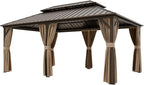 COOS BAY 12x18 Hardtop Gazebo with Aluminum Frame, Galvanized Steel Double Roof Outdoor Pavilion with Netting and Curtains, Dark Brown/Tan