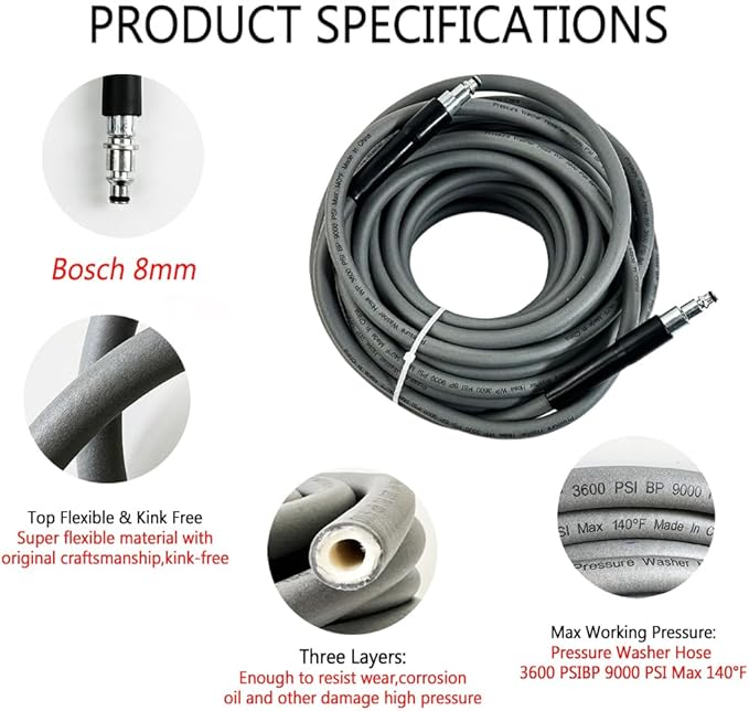 5800PSI/400Bar Ultra Flexible Pressure Washer Hose for Bosch Home Cleaning, 5M-30M High Pressure Extension Tube with Quick-Connect Adapter,(Red/Blue/Yellow/Green/Grey/Orange/Light Blue)(Grey,95FT)