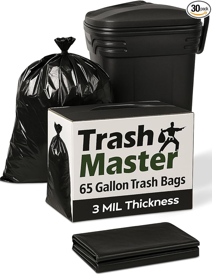 65 Gallon Contractor Heavy Duty Garbage Bags | 30 Bags w/Ties | X-Large 3 MIL Thickness | For Large Commercial Jobs | Construction Clean Up | Trash bags for Yard Clean up - TrashMaster (30)