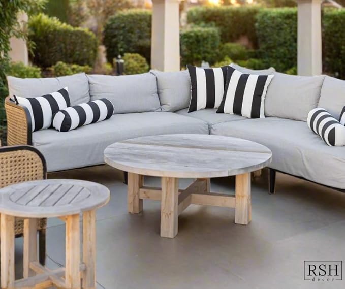 RSH Décor: Set of 4 Square and Lumbar Accent Pillows | Indoor/Outdoor All Weather Polyester Fabric | Reversible | 17” x 17” & 20" x 12" | Black & White Stripe