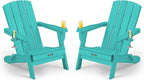 Folding Adirondack Chair Wood Texture 2 Pack, HDPE All-Weather Fire Pit Chairs, Plastic Adirondack Chairs with 2 Cup Holder, Outdoor Lawn Chair for Patio Garden (Lake Blue)
